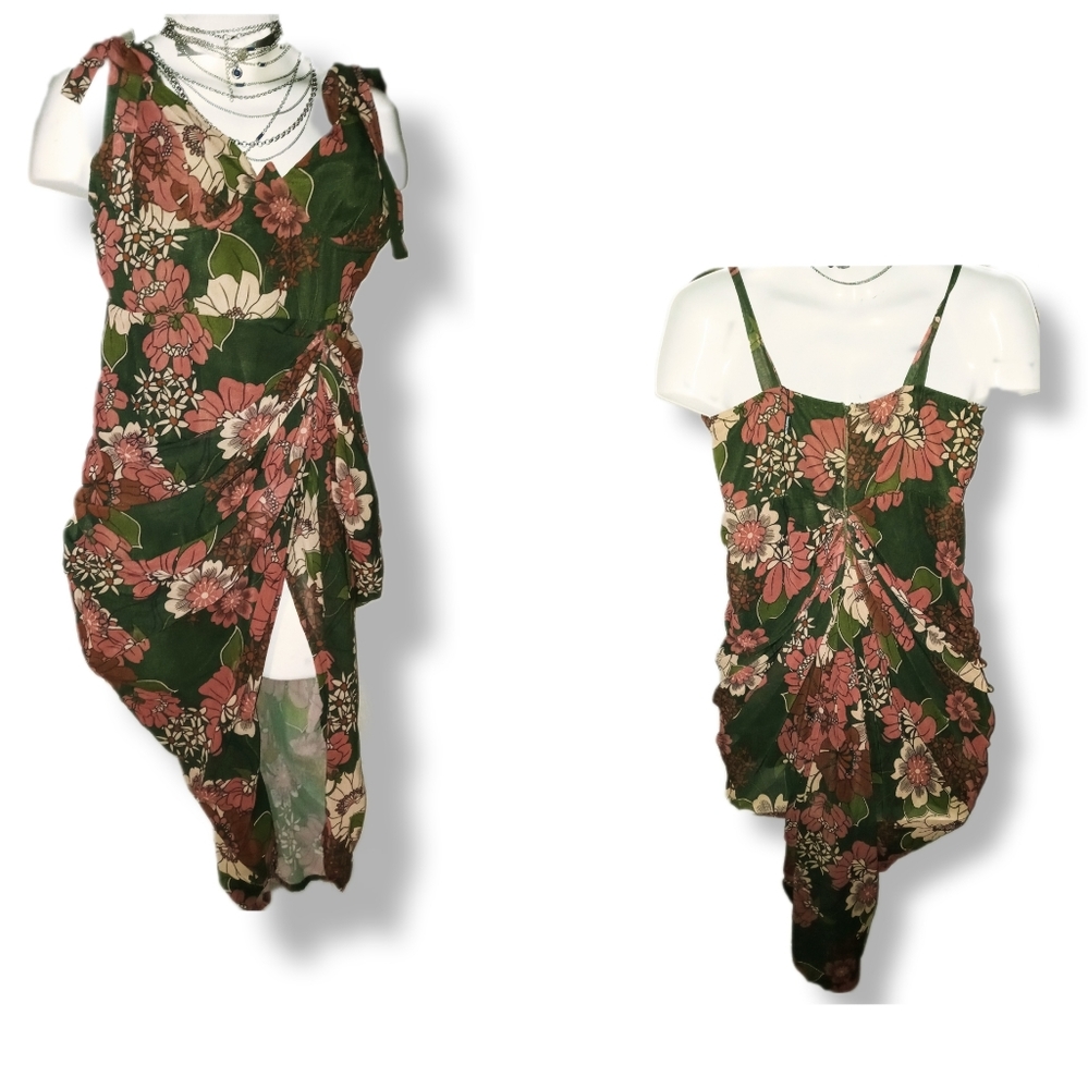 Emerald Green Floral Underwire Detail Draped Midi Dress